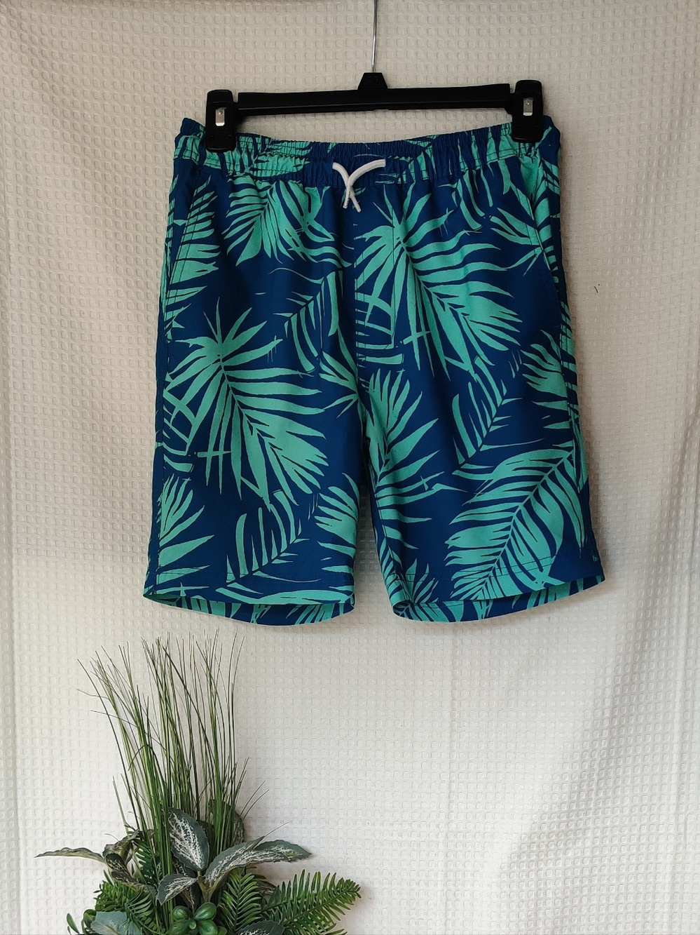 Blue Crown Boys Teal/Aqua Tropical Palm Leaf Swim Shorts Size XL